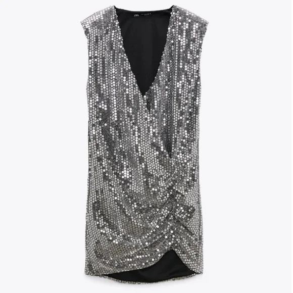 ZARA Draped Silver Sequin Dress - Picture 15 of 16